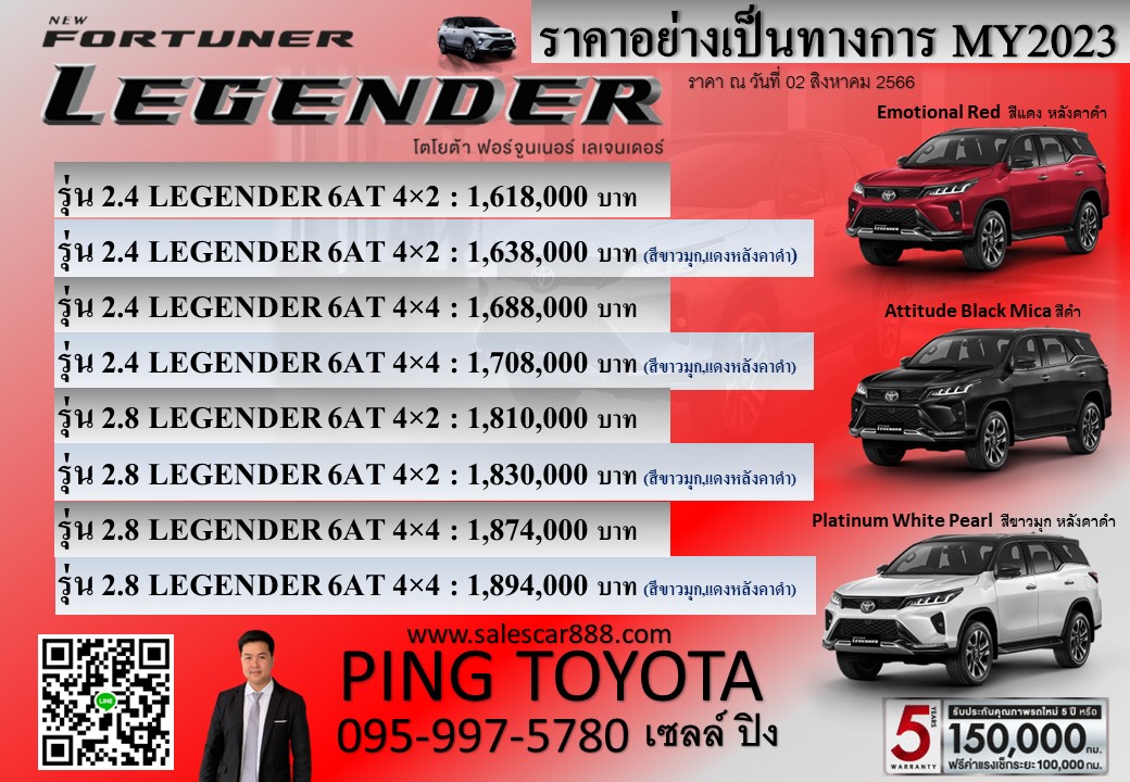 ราคา Toyota Fortuner Legender (MY2023) โตโยต้า ฟอร์จูนเนอร์รีเจนเดอร์ 2023 ป้ายแดง